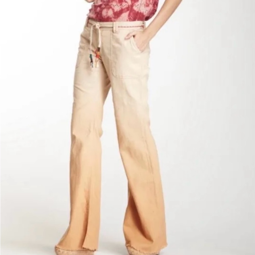 Free People Beige Ombre Linen Blend Bell Bottom Flare Pants